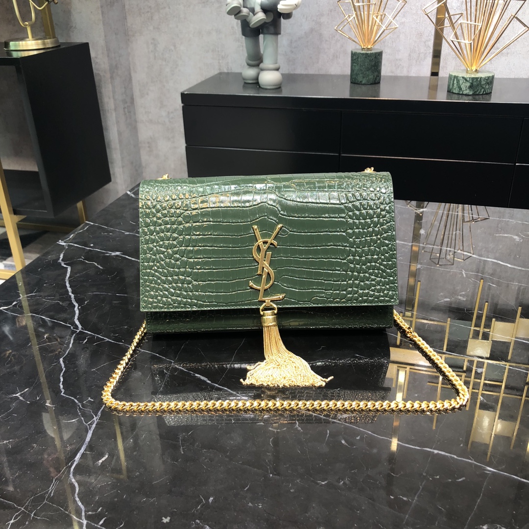 Saint Laurent Kate Tassel Medium Crocodile Embossed Calfskin Shoulder Bag Army Green 354119 Gold